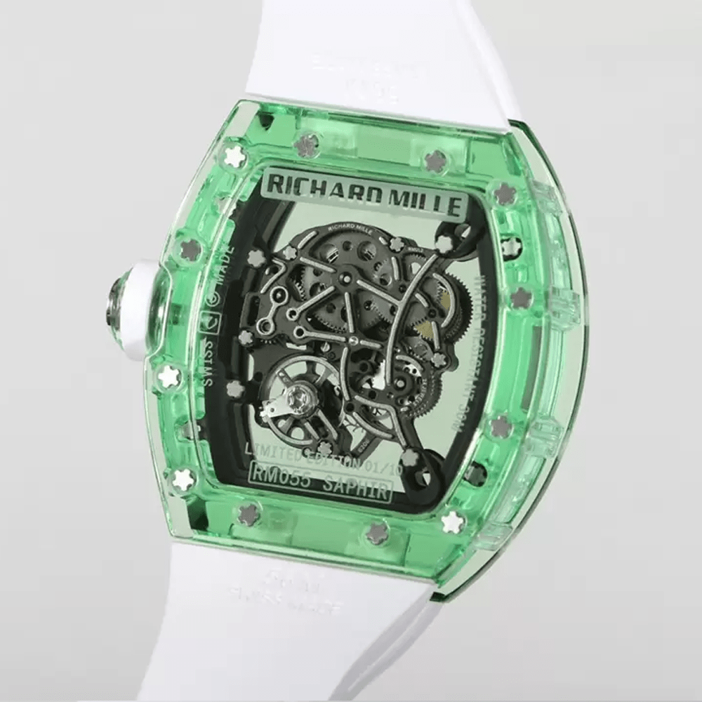 리차드밀 부바왓슨 그린 크리스탈 스켈레톤 다이얼 화이트 러버 스트랩 RM-055