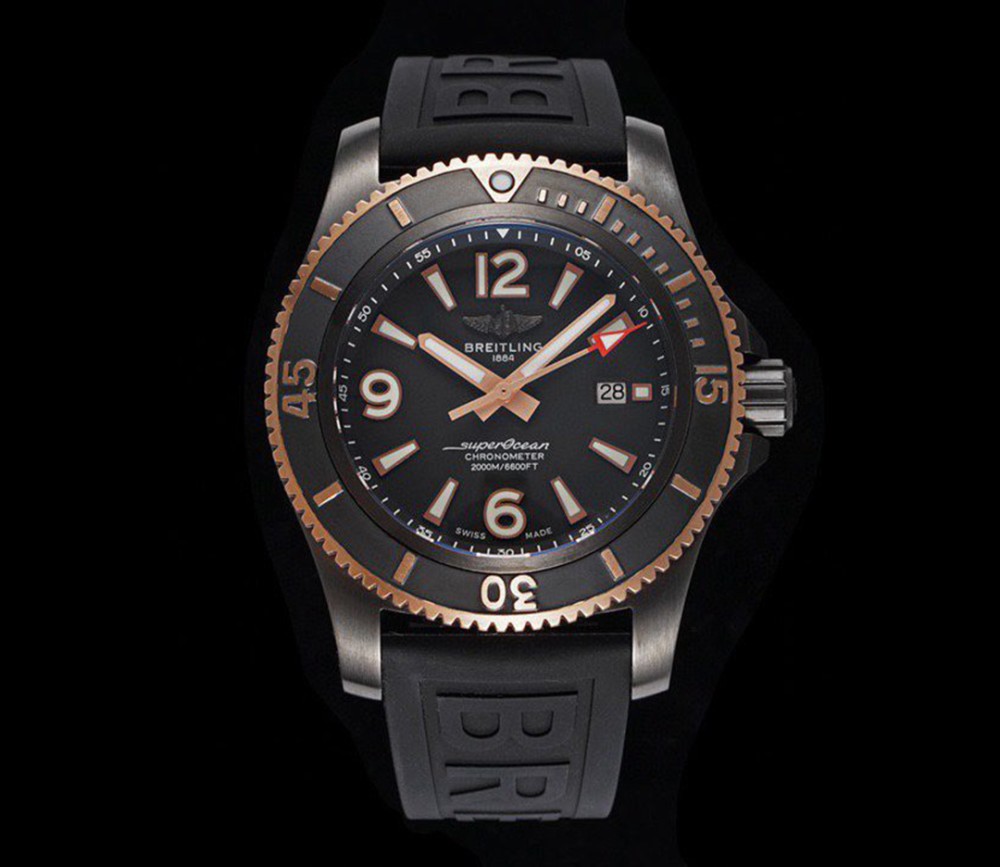 브라이틀링 슈퍼오션 로즈골드 블랙 다이얼 세라믹 베젤 러버 스트랩 46mm U17368221B1S1