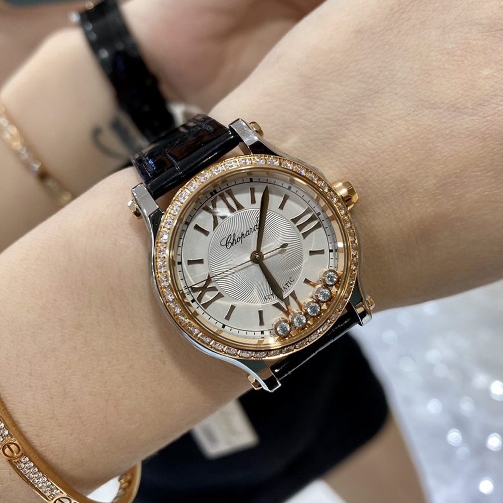 쇼파드 해피 스포츠 다이아몬드 베젤 로즈골드 레더 스트랩 33mm 275378-5005