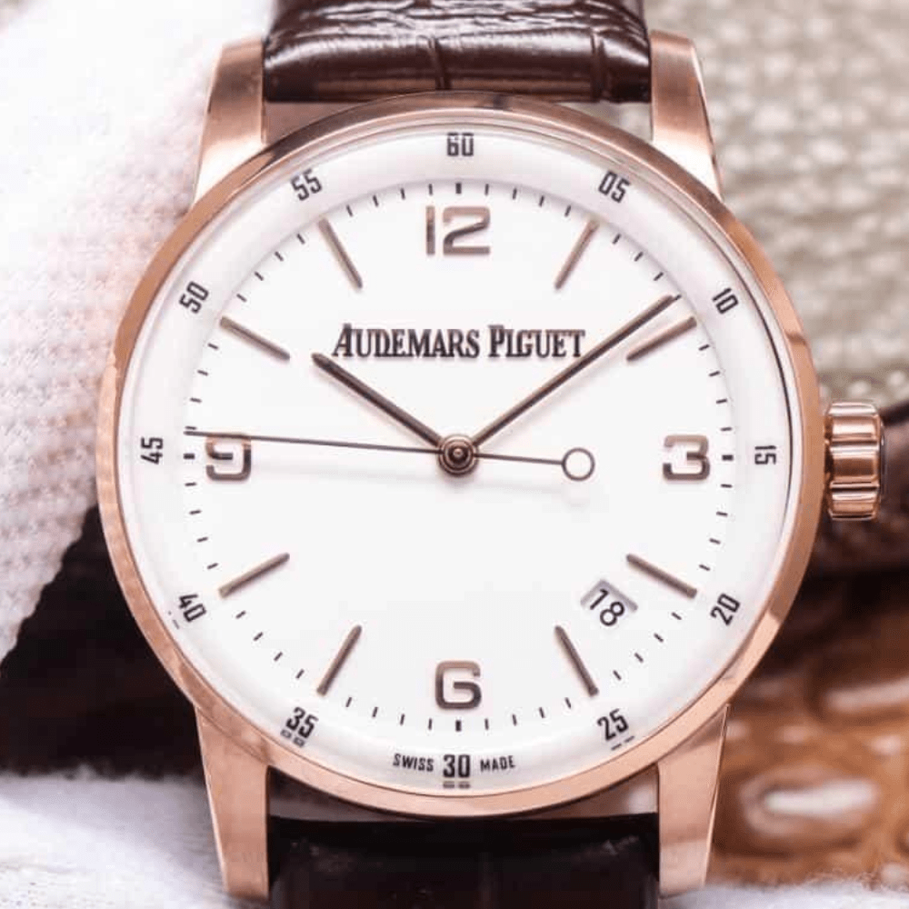 오데마피게 CODE 11.59 화이트 다이얼 스틸 블랙 가죽 스트랩 41mm 15210OR