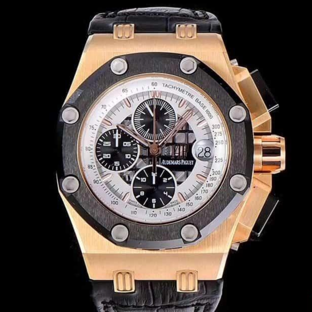 오데마피게 로얄오크 오프쇼어 블랙/화이트 다이얼 로즈골드 블랙 가죽스트랩 42mm 26078RO