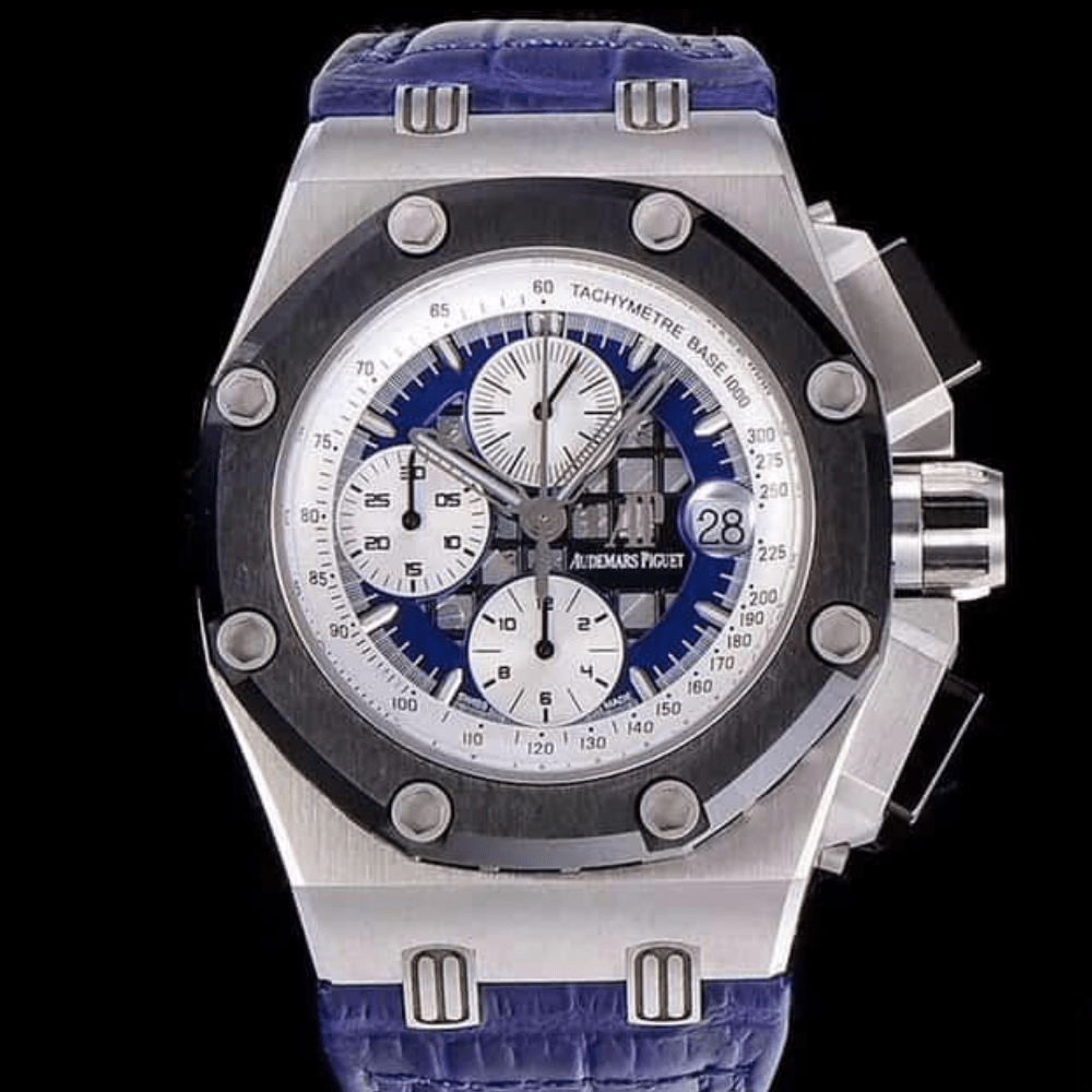 오데마피게 로얄오크 오프쇼어 블루/화이트 다이얼 스틸 블루 가죽스트랩 42mm 26078PO