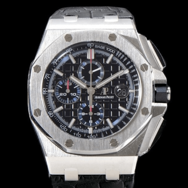 오데마피게 로얄오크 오프쇼어 블랙/블루 다이얼 스틸 가죽 블랙 가죽스트랩 44mm 26412PT