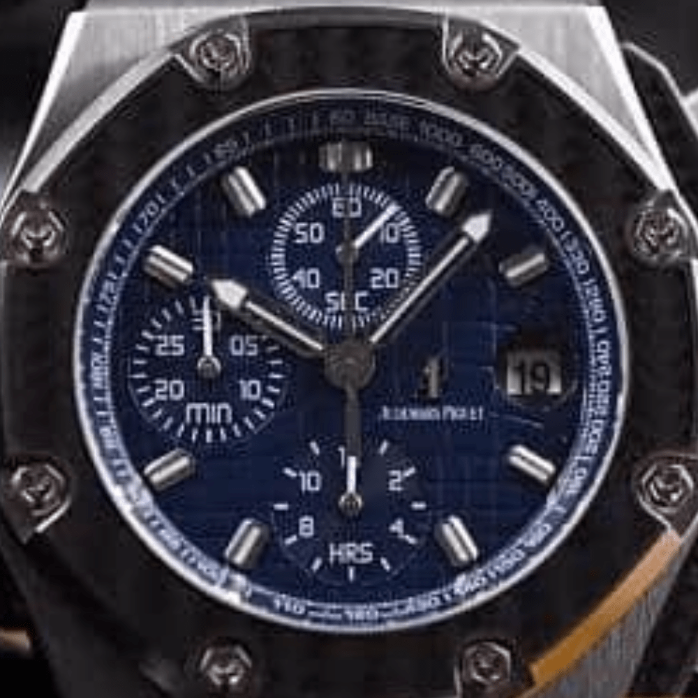 오데마피게 로얄오크 오프쇼어 블루 다이얼 사파이어 스틸 몬토야 한정판 가죽 스트랩 44mm 26030