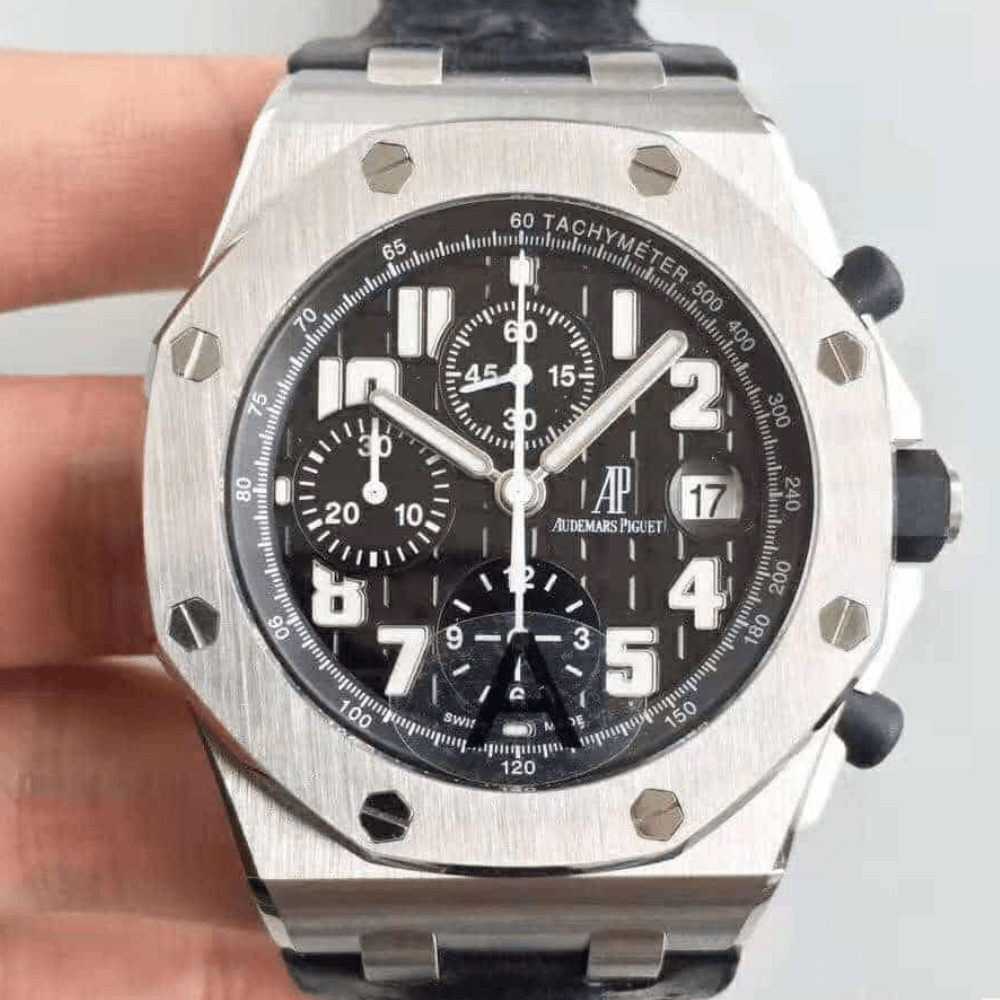 오데마피게 로얄오크 오프쇼어 블랙 다이얼 스틸 가죽 스트랩 42mm 26170ST