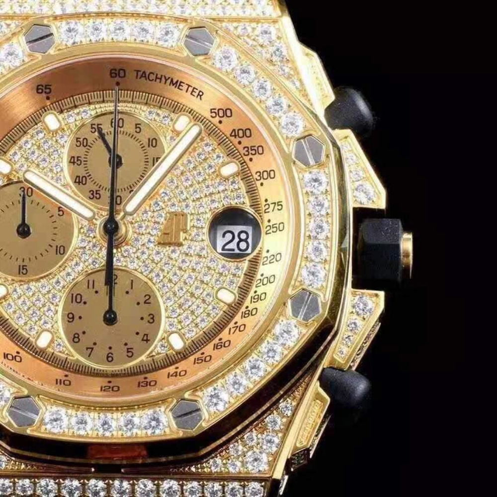 오데마피게 로얄오크 옐로우골드 풀다이아 가죽 스트랩 42mm 26067