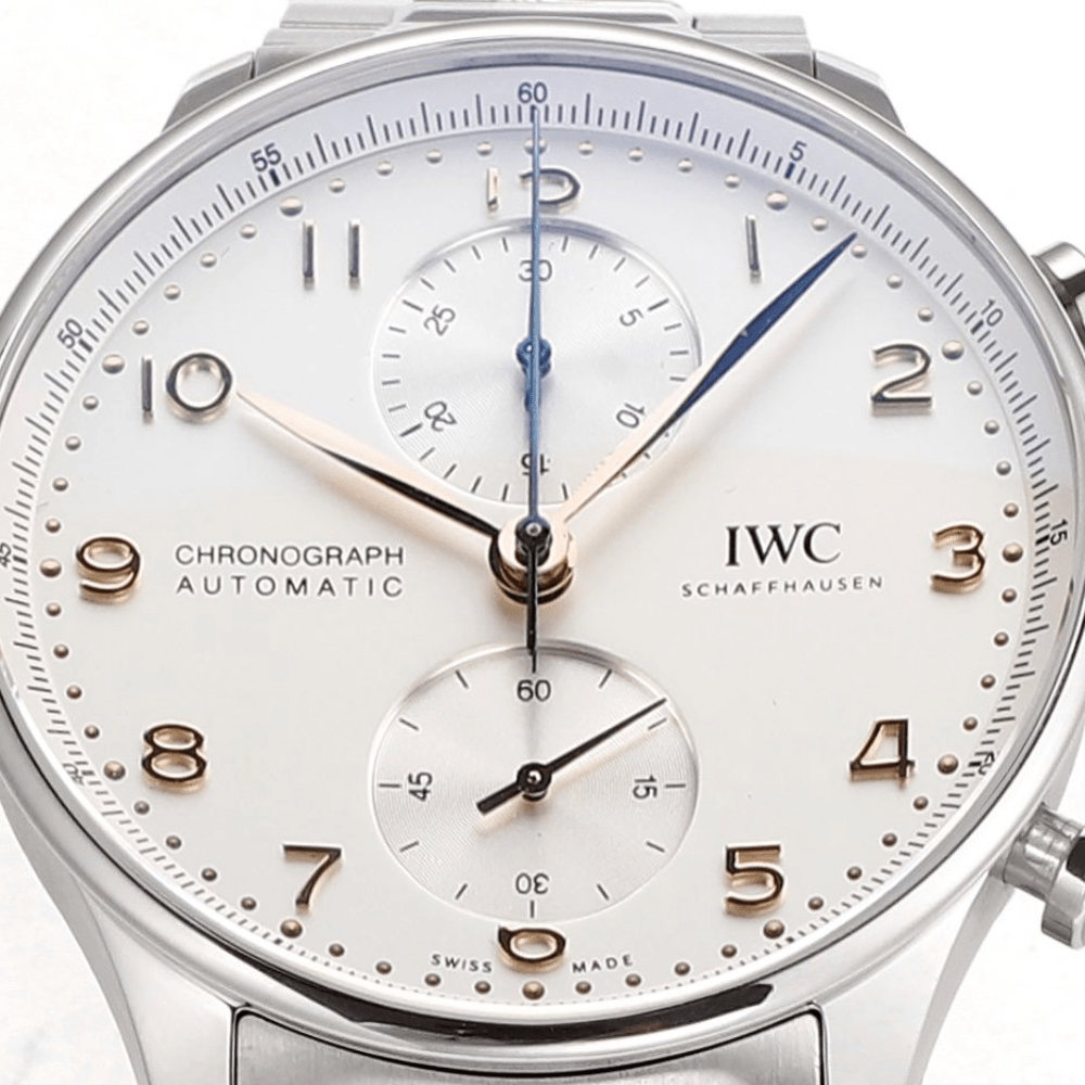 IWC 포르투기저 크로노그래프 화이트/로즈골드 다이얼 스틸 SS브레이슬릿 40mm IW371605
