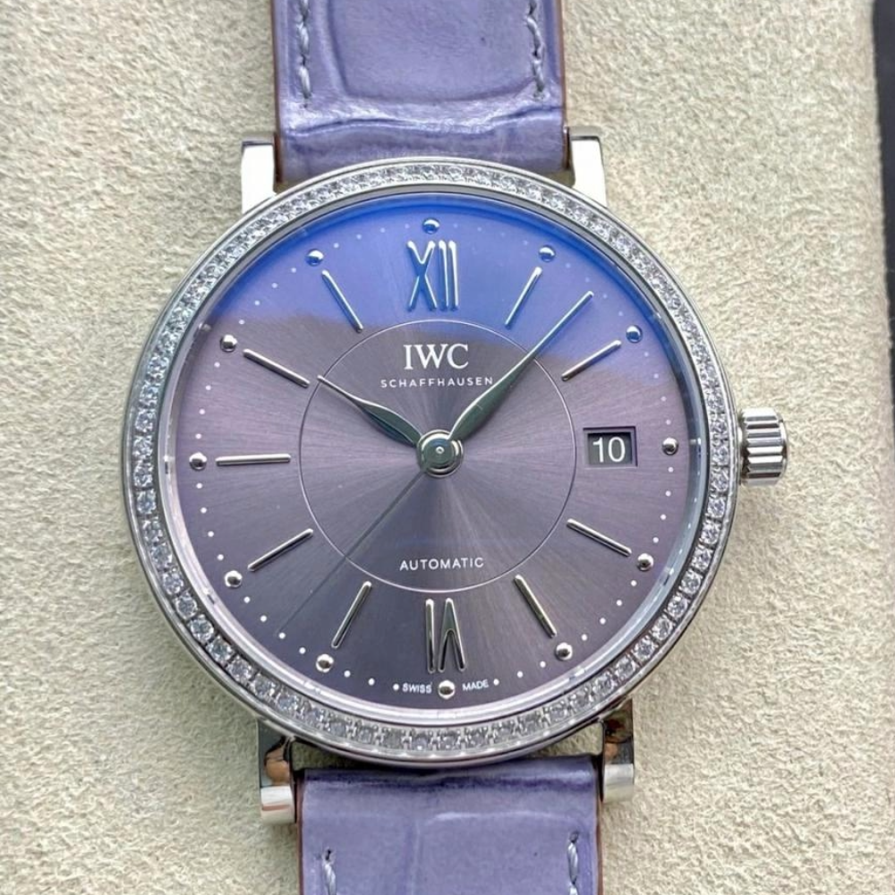 IWC 포르토피노 레이디 다이아베젤 실버 퍼플 다이얼 레더 스트랩 37mm IW458104