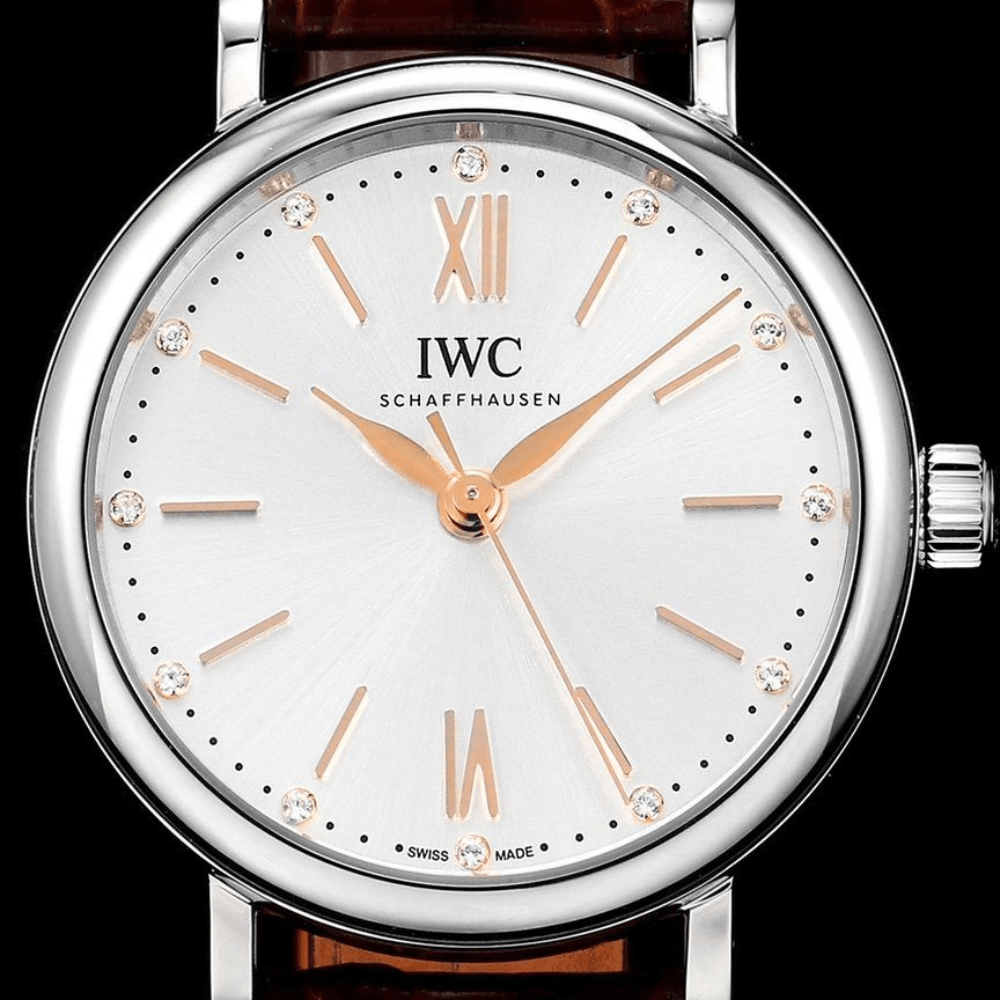 IWC 포르토피노 레이디 실버 화이트 다이얼 레더 스트랩 34mm IW357403