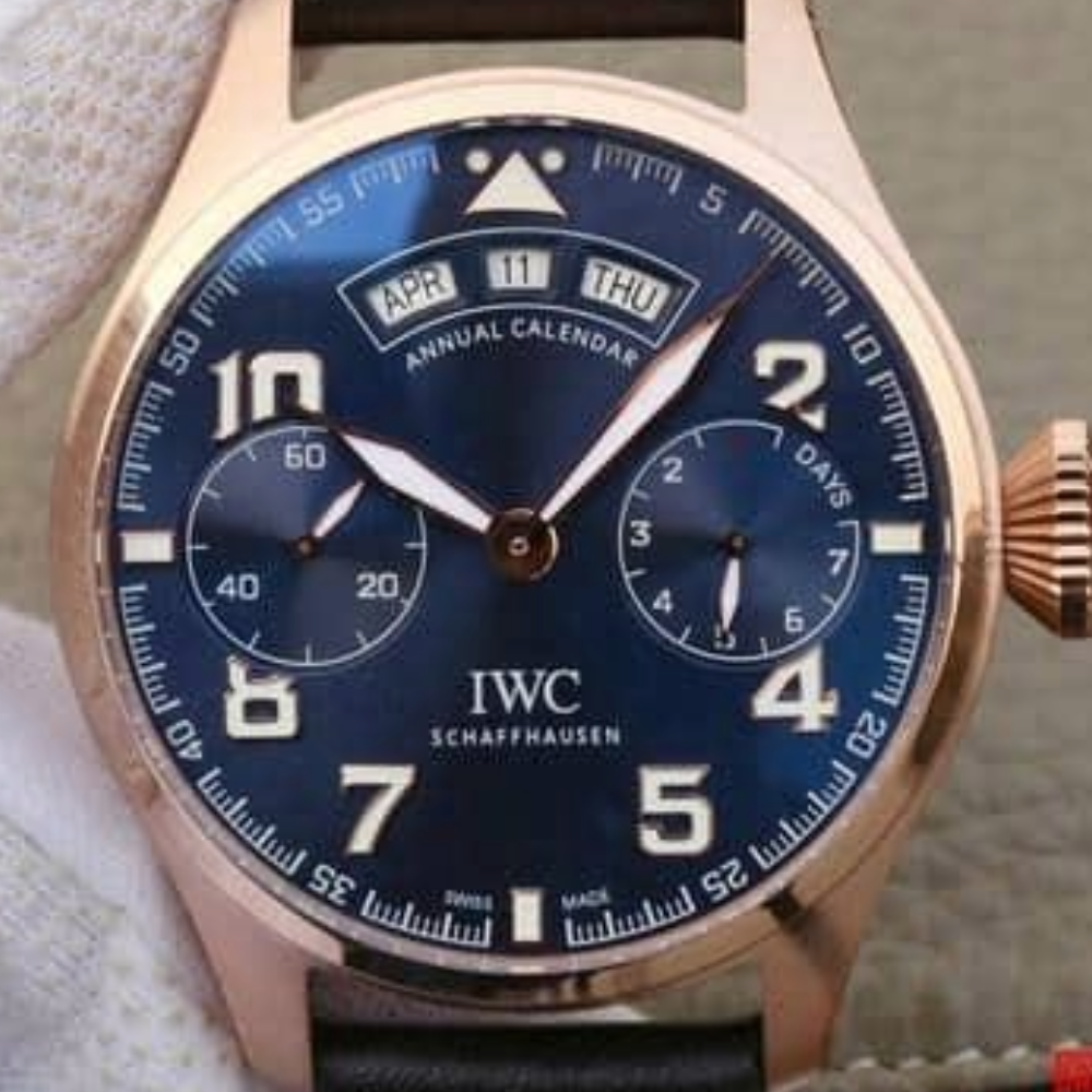 IWC 빅 파일럿 애뉴얼 캘린더 로즈골드 블루 다이얼 레더 스트랩 46mm IW502701