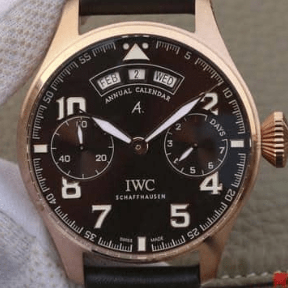 IWC 빅 파일럿 애뉴얼 캘린더 로즈골드 블랙 다이얼 레더 스트랩 46mm IW502706