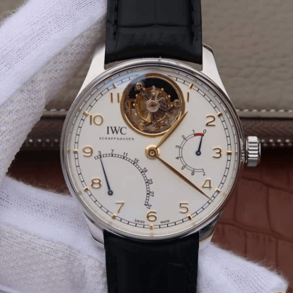 IWC 포르투기저 투르비옹 스틸 화이트/로즈골드 다이얼 레더 스트랩 44.2mm IW504401