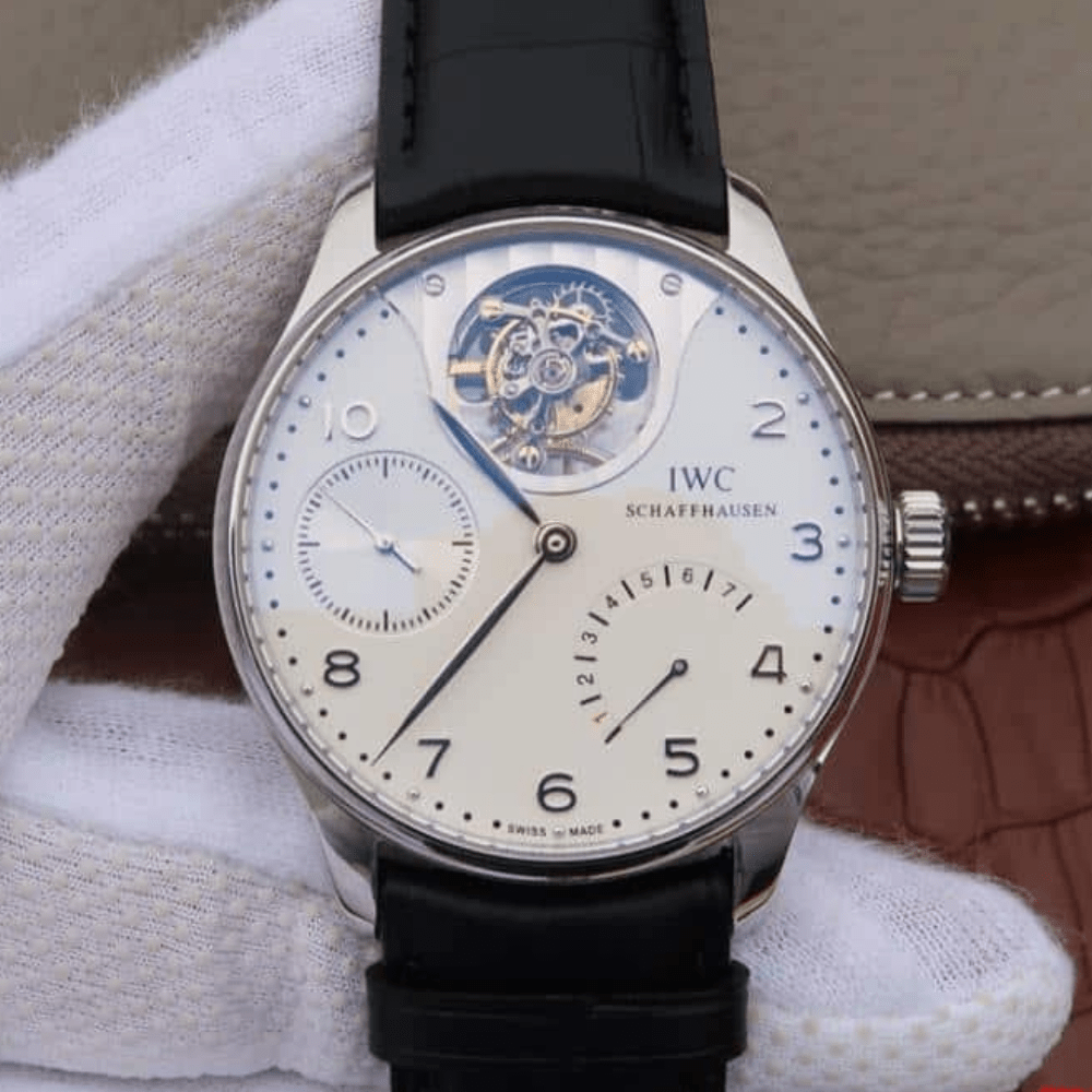 IWC 포르투기저 투르비옹 미스테르 스틸 화이트 다이얼 레더 스트랩 44.2mm IW504202