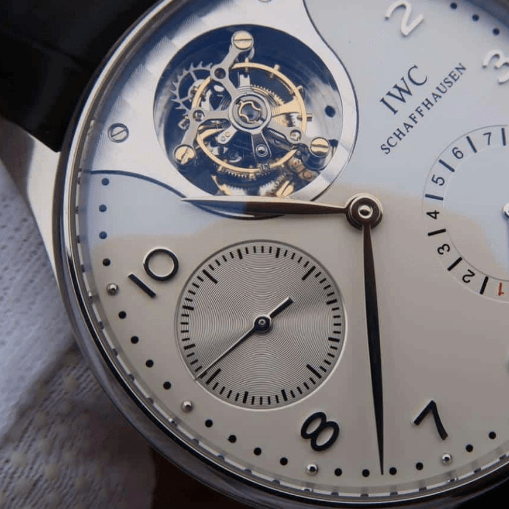 IWC 포르투기저 투르비옹 미스테르 스틸 화이트 다이얼 레더 스트랩 44.2mm IW504202