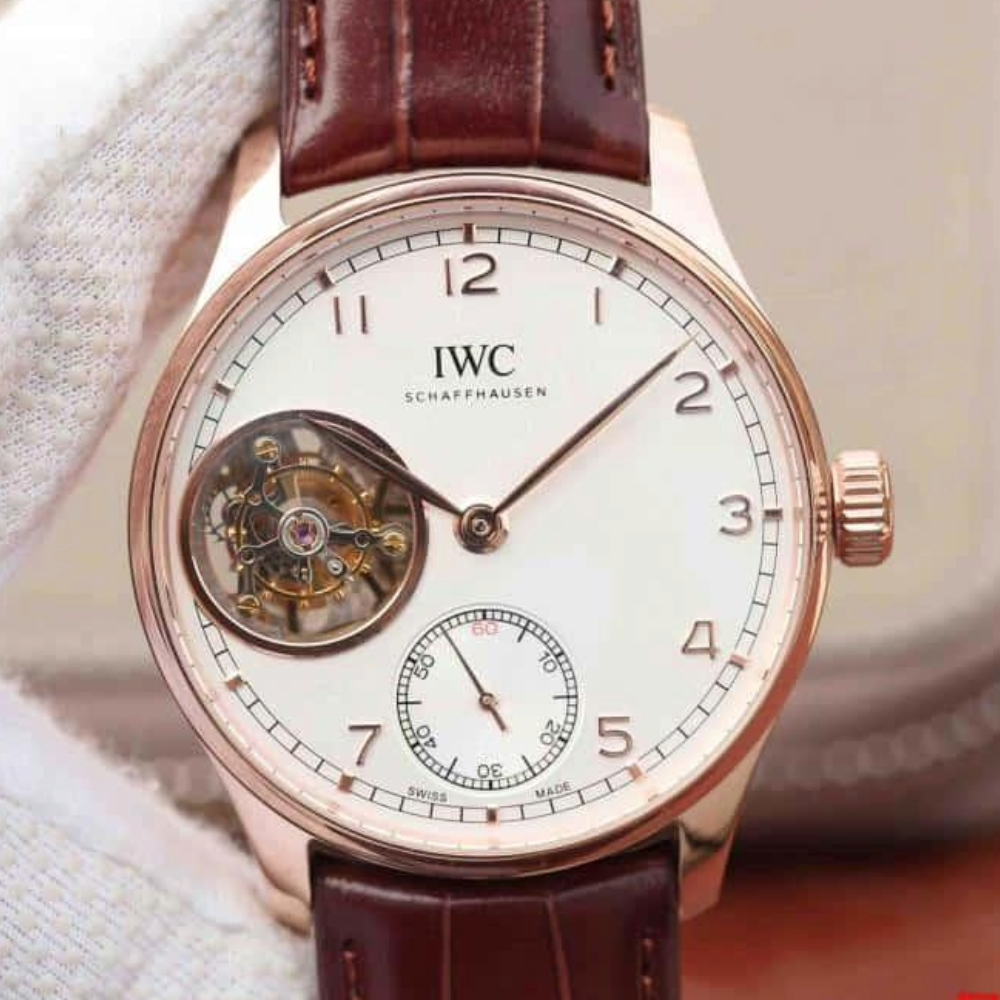 IWC 포르투기저 투르비옹 오토매틱 로즈골드 화이트 다이얼 레더 스트랩 42mm IW546302