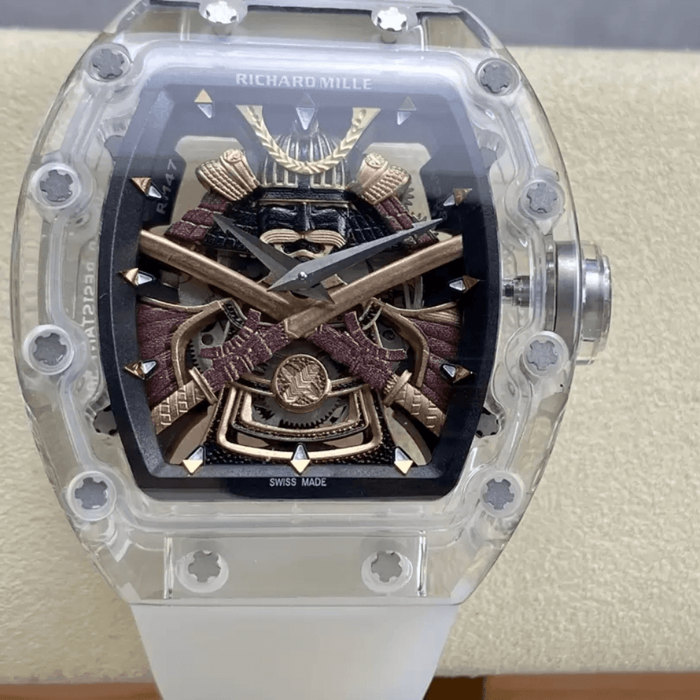 리차드밀 스켈레톤 사무라이 다이얼 사파이어 크리스탈 케이스 화이트 러버 스트랩 RM47