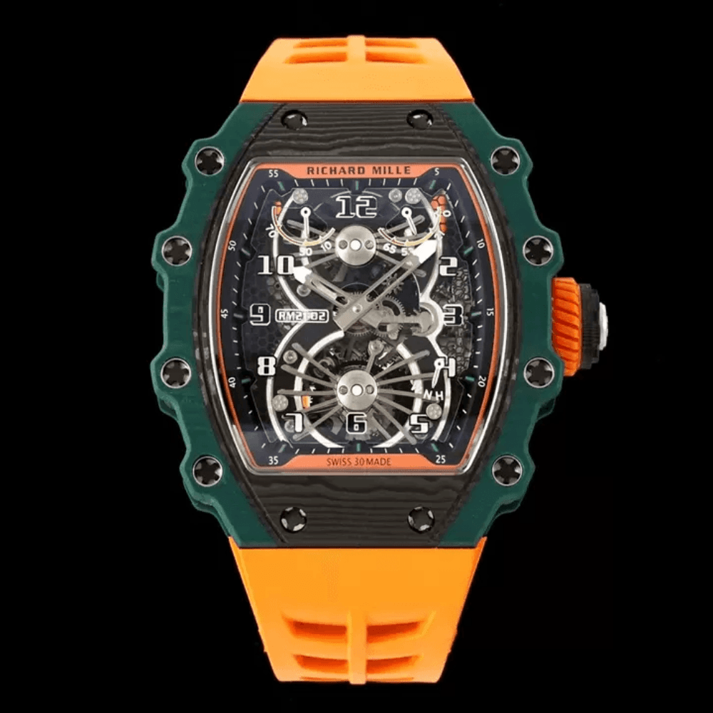 리차드밀 블랙 카본 스켈레톤 투르비옹 다이얼 오렌지 러버밴드 RM21-02