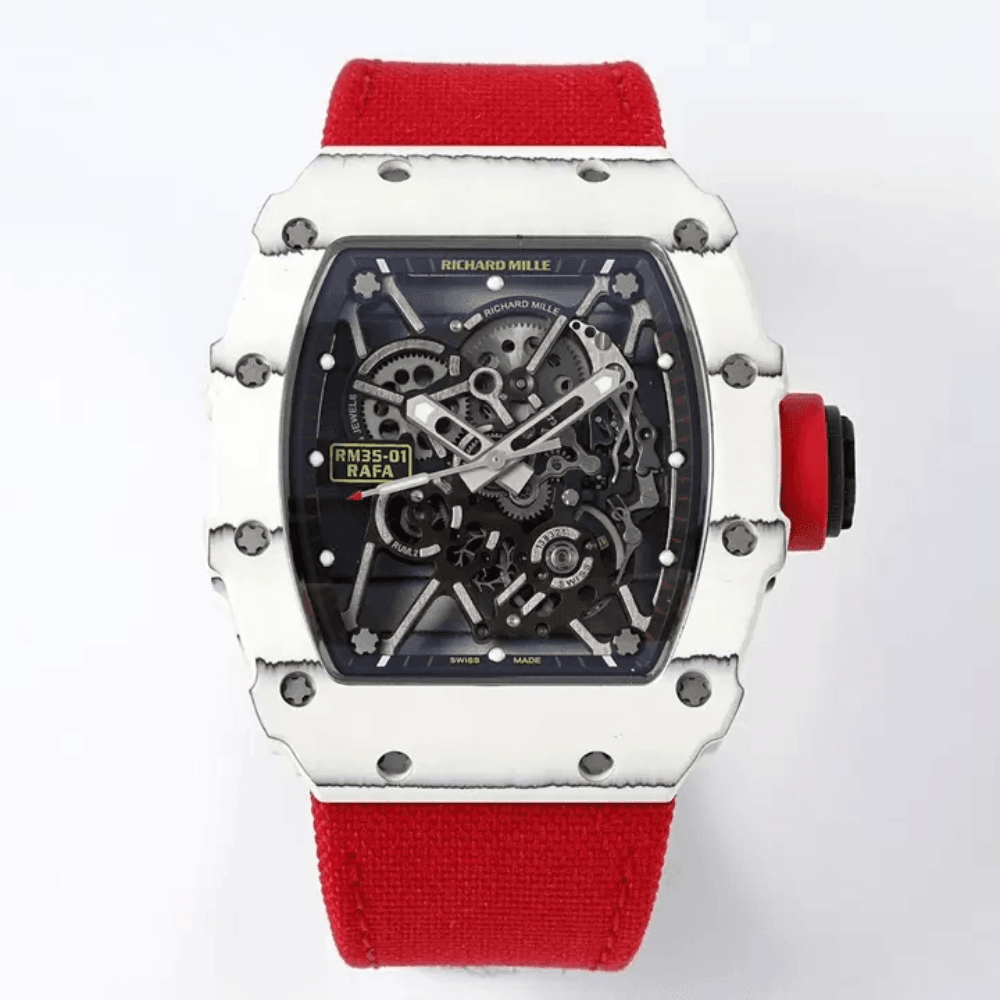 리차드밀 화이트 카본 스켈레톤 다이얼 레드 우븐 스트랩 RM35-01