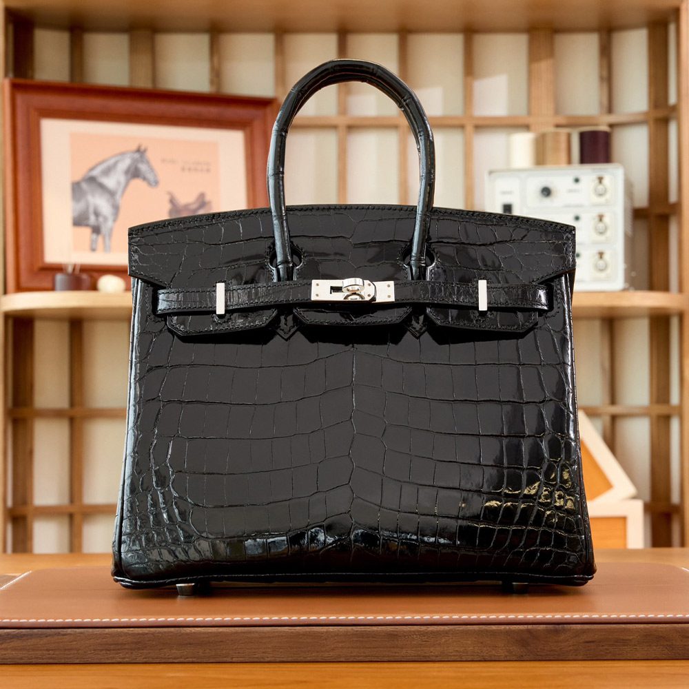 에르메스 올수공 크로커다일 버킨 25 블랙 실버 하드웨어
