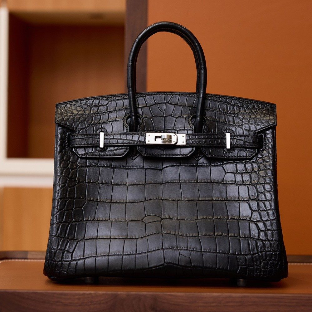 에르메스 올수공 크로커다일 버킨 25 블랙 실버 하드웨어