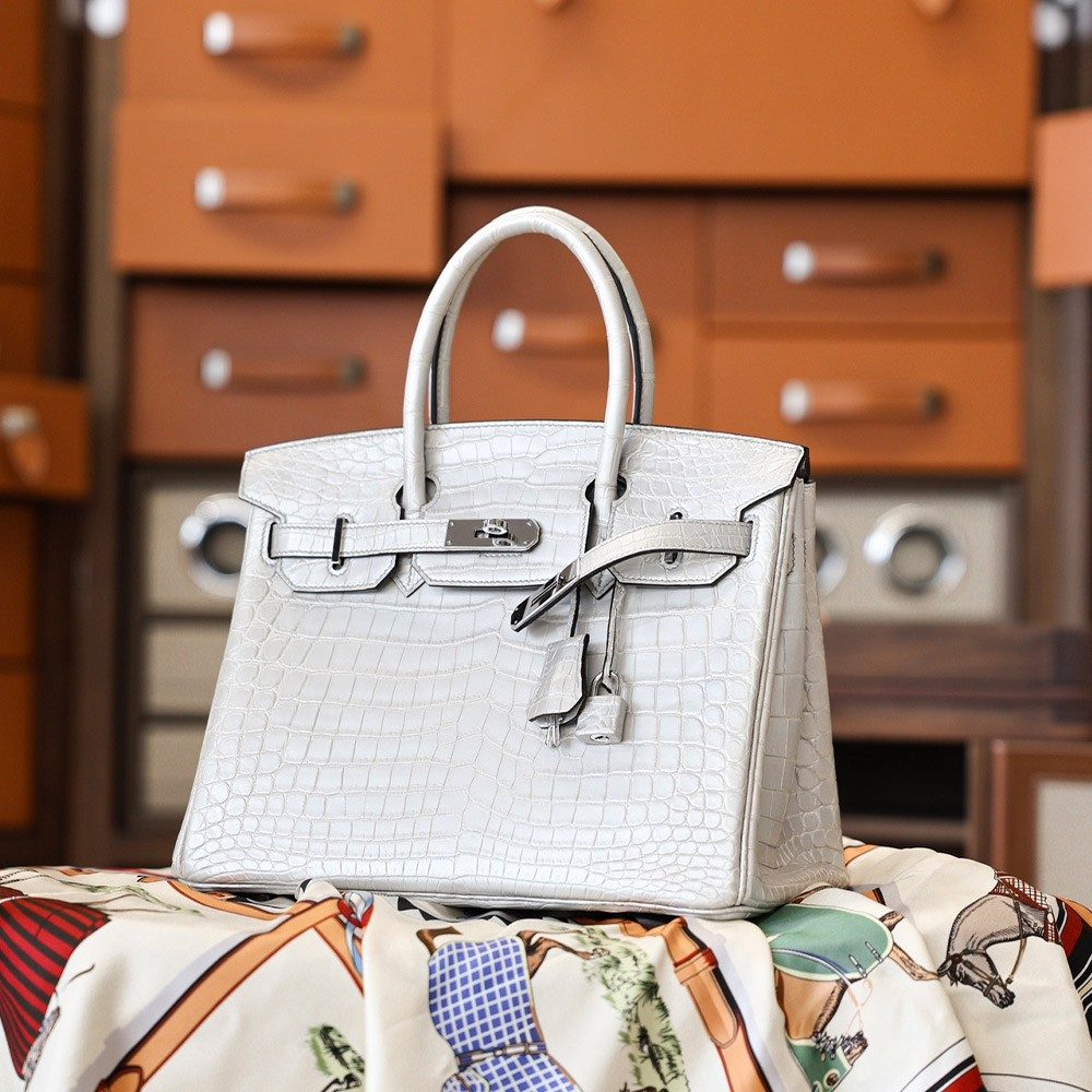 에르메스 올수공 크로커다일 버킨 30 화이트 팔라듐 하드웨어