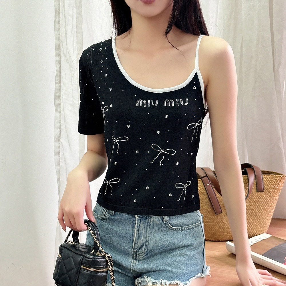 미우미우 24SS 듀티 드릴 니트 반소매 블랙