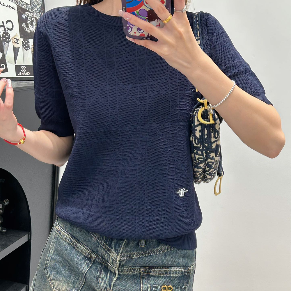 디올 24SS 까나쥬 벌 자수로고 니트 반팔 블랙