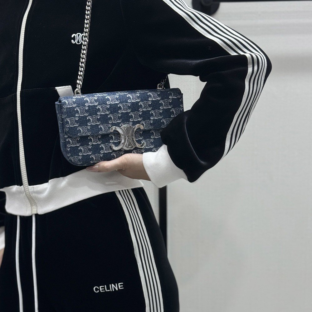 셀린느 트리오페 데님 클로드 체인 숄더백 데님실버