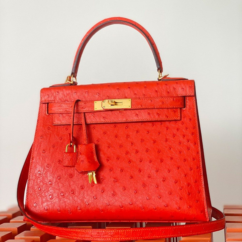 에르메스 올수공 켈리 28 타조 가죽 레드 골드 하드웨어