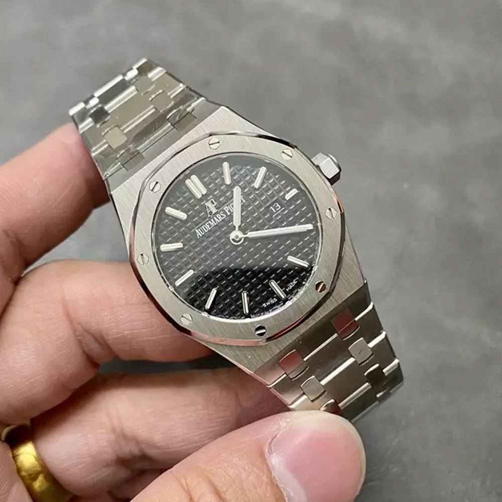 오데마피게 레이디 로얄오크 검판 다이얼 스틸 SS 브레이슬릿 33mm 여성용 67651