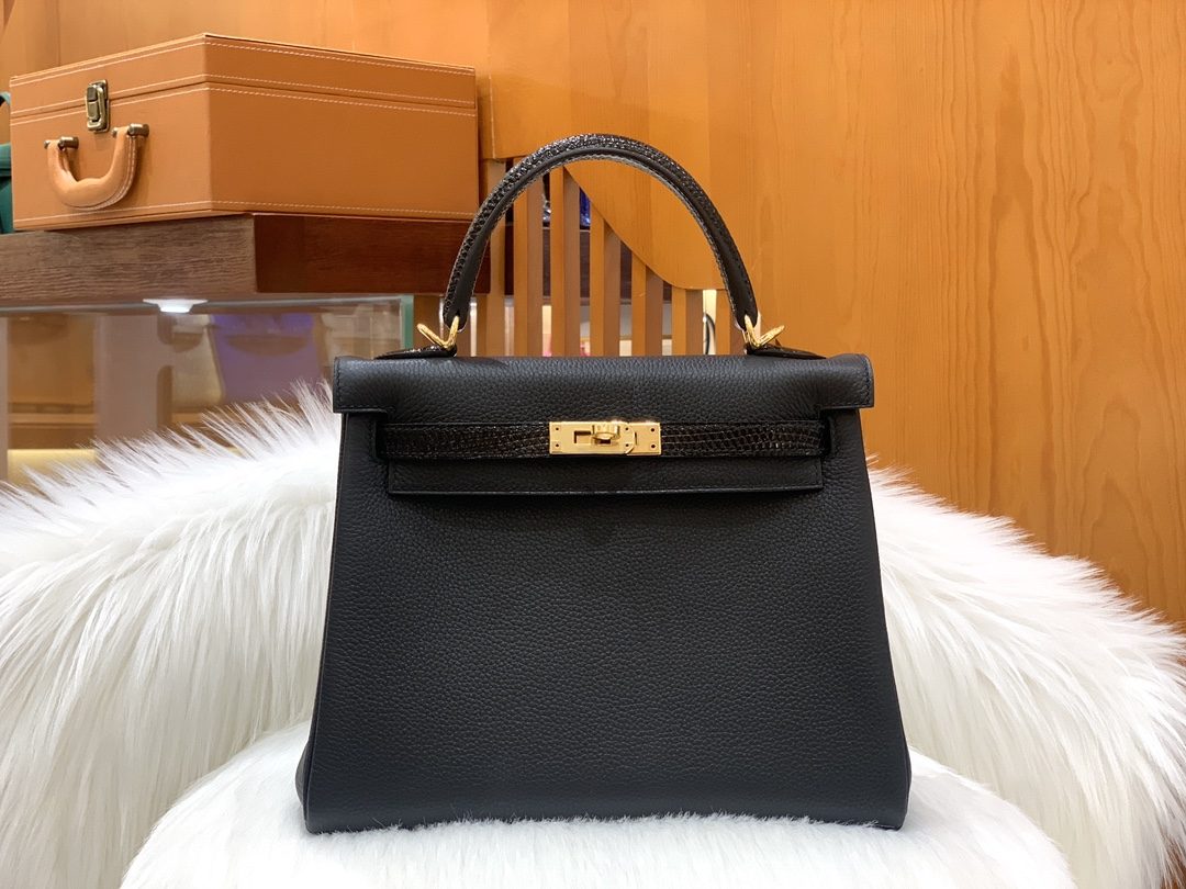 올수공 에르메스 켈리 25 토고 블랙 & 도마뱀 스트랩 골드 버클