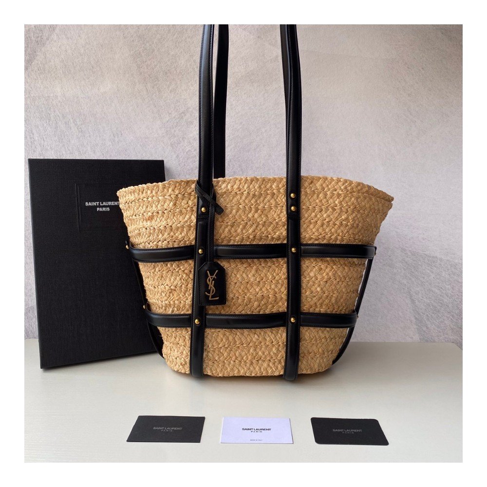 생로랑 22SS 내추럴 블랙 미디엄 라피아 파니에 백