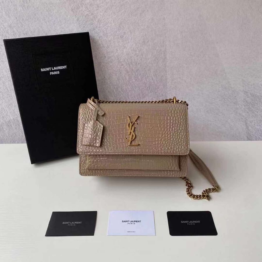 생로랑 크로커다일 엠보스드 샤이니 가죽 SUNSET 미디엄백