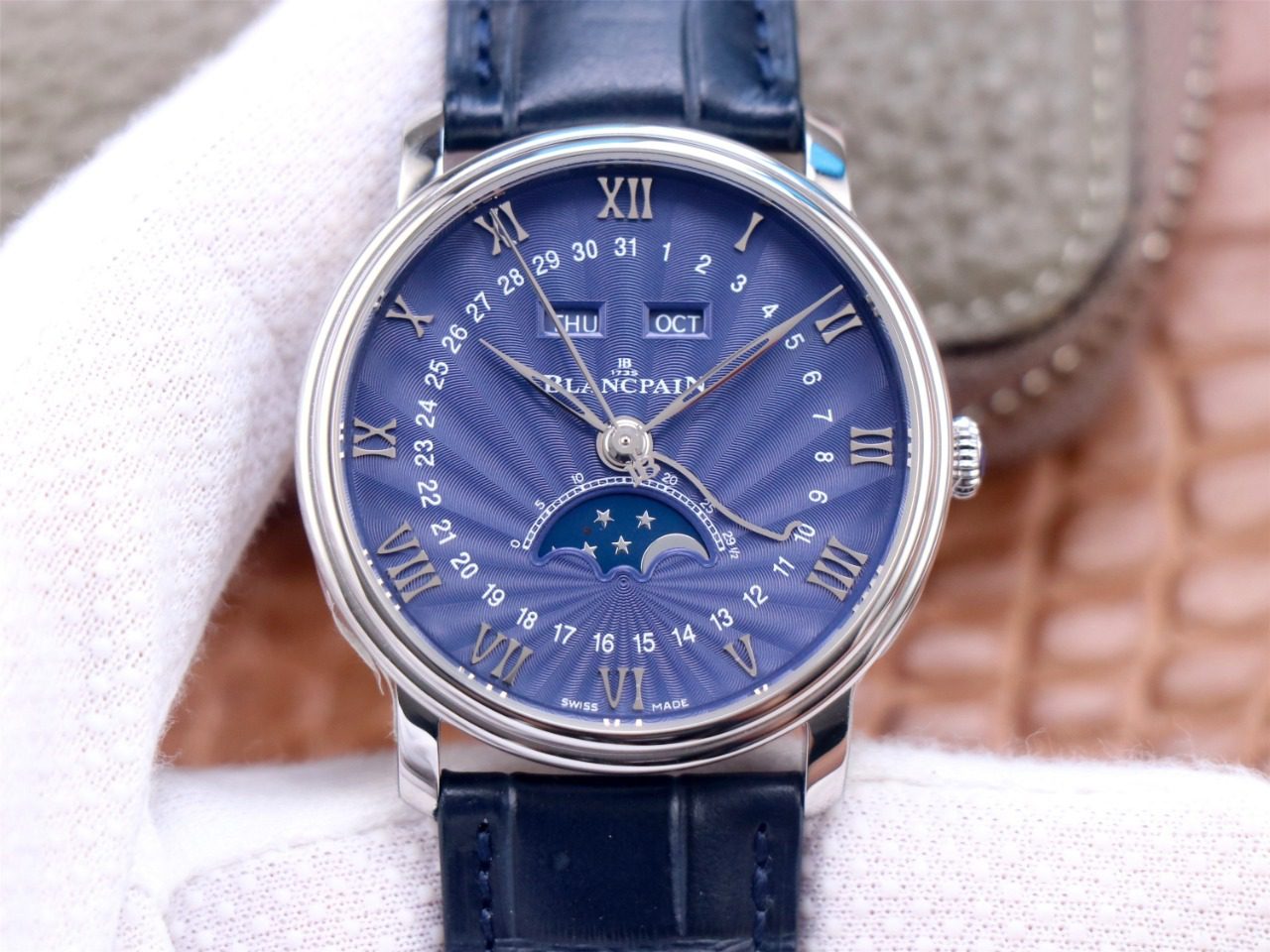 블랑팡 클래식 빌레레 문페이즈 블루 다이얼 화이트골드 레더 스트랩 40mm V3버전 6654-1529-55B