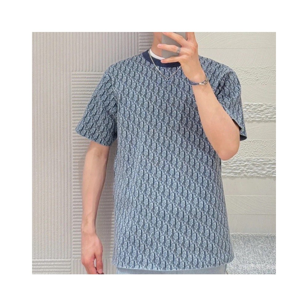 디올 오블리크 캐주얼 핏 블루 코튼 자카드 티셔츠