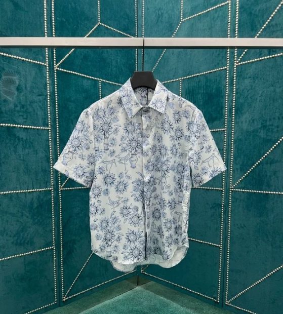 디올 AND HYLTON NEL 반소매 셔츠 라이트 블루 실크 자카드