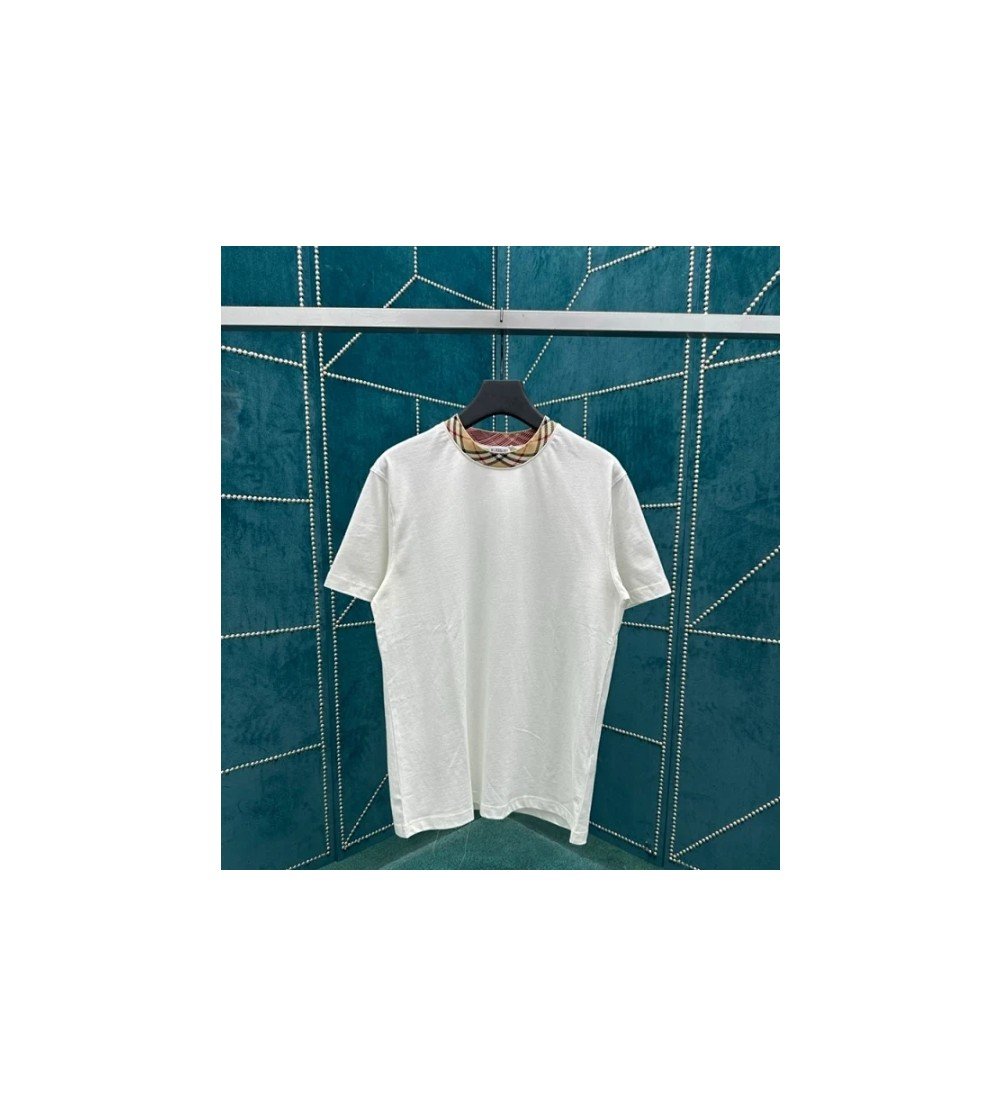 버버리 체크 트리밍 코튼 티셔츠 화이트