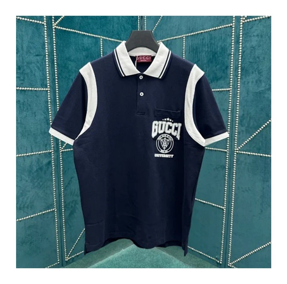 구찌 로고 코튼 피케 폴로 셔츠 네이비