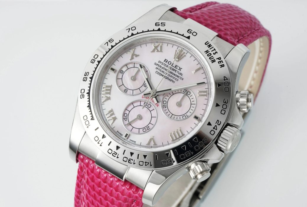 롤렉스 데이토나 비치 에디션 핑크 자개 로만 다이얼 가죽 스트랩 40mm 116519
